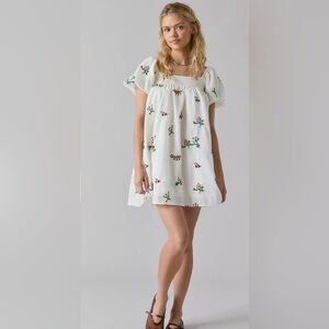 Daisy Street Embroidered Floral Puff Sleeve Babydoll Mini Dress size S